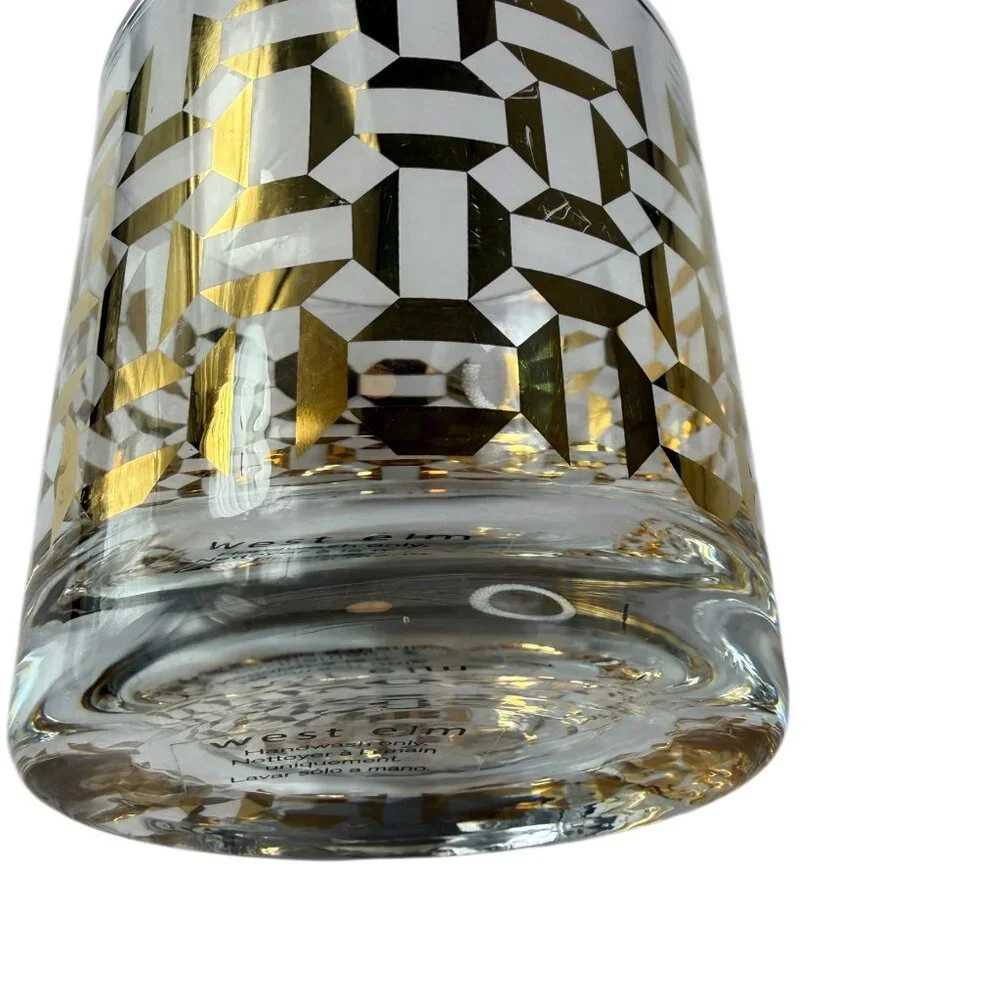 WEST ELM Whiskey Glass Rocks Gold Geometric Pattern. Retro 1960s